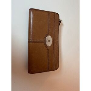 Fossil Zip Around Wallet Womens OS Cognac Leather Keyhole Logo Bifold Clutch
